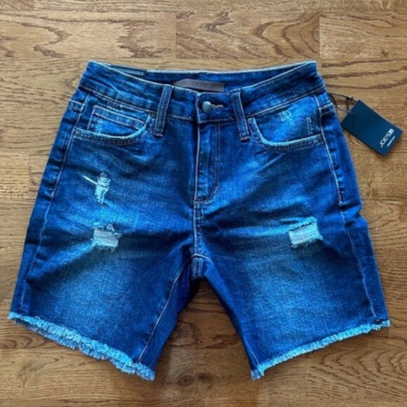 Joes jeans denim shorts 24 dark blue jorts cut off mid thigh distressed raw hem - Picture 1 of 4